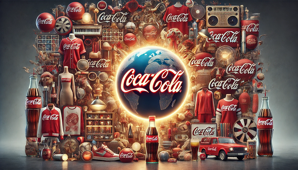 Coca-Cola brand expansion beyond beverages with licensed products like clothing, collectibles, and themed experiences worldwide.