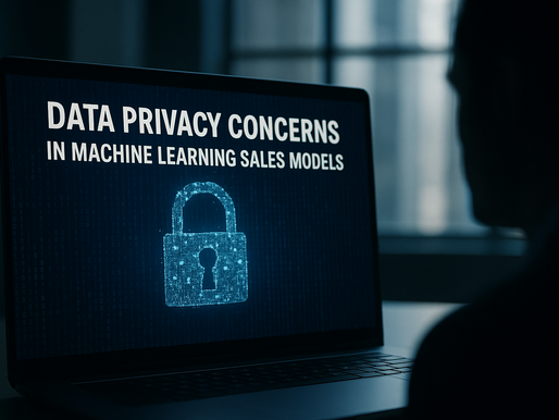 Ultra-realistic image of a laptop screen displaying 'Data Privacy Concerns in Machine Learning Sales Models' with a digital padlock icon, set in a dimly lit office with a silhouetted human figure in the background, symbolizing cybersecurity and ethical AI concerns in sales data processing