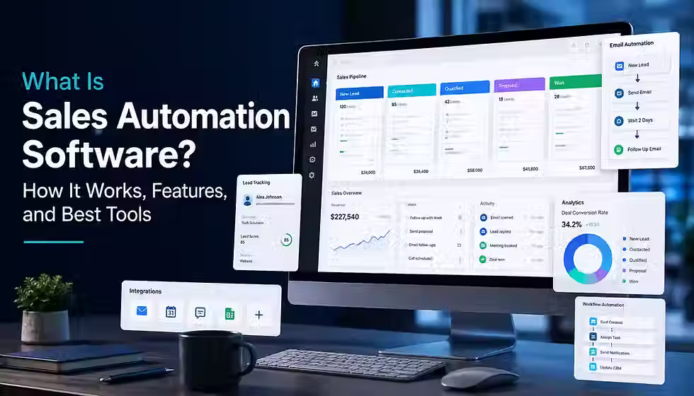 Sales automation software dashboard with CRM, workflows, and analytics.
