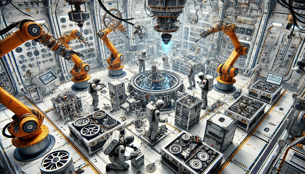 Zero Gravity Manufacturing Facility A visual of a manufacturing facility inside a spacecraft, with engineers and robots working in a zero-gravity environment. This image could showcase the potential of zero-gravity production.