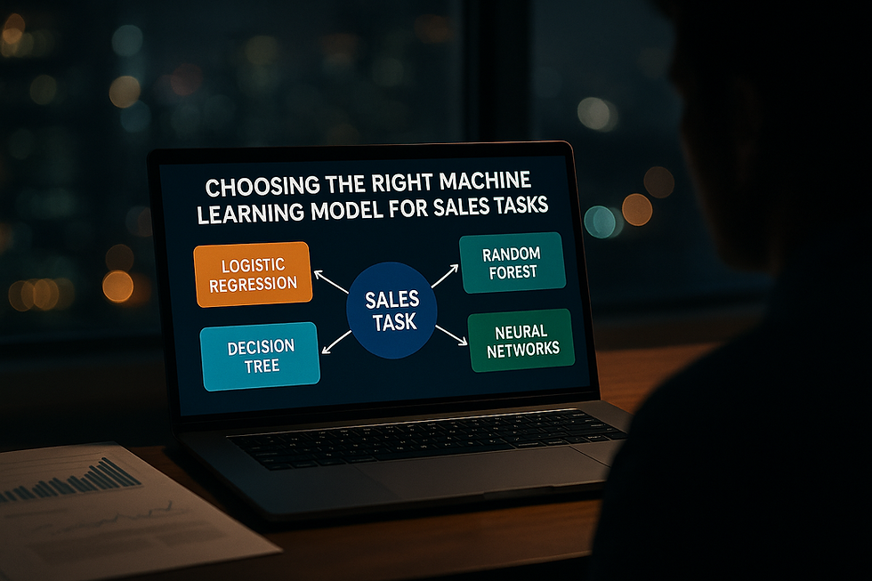 Ultra-realistic image of a laptop screen displaying a flowchart titled 'Choosing the Right Machine Learning Model for Sales Tasks' with model names Logistic Regression, Decision Tree, Random Forest, and Neural Networks, viewed at night in a dim office setting with a silhouetted human figure and blurred city lights in the background.