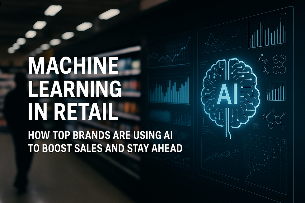 Machine learning in retail sales strategy visualized through a futuristic AI dashboard with analytics graphs, overlaid on a store aisle with a silhouetted shopper, representing how top brands use artificial intelligence to boost sales and optimize operations.