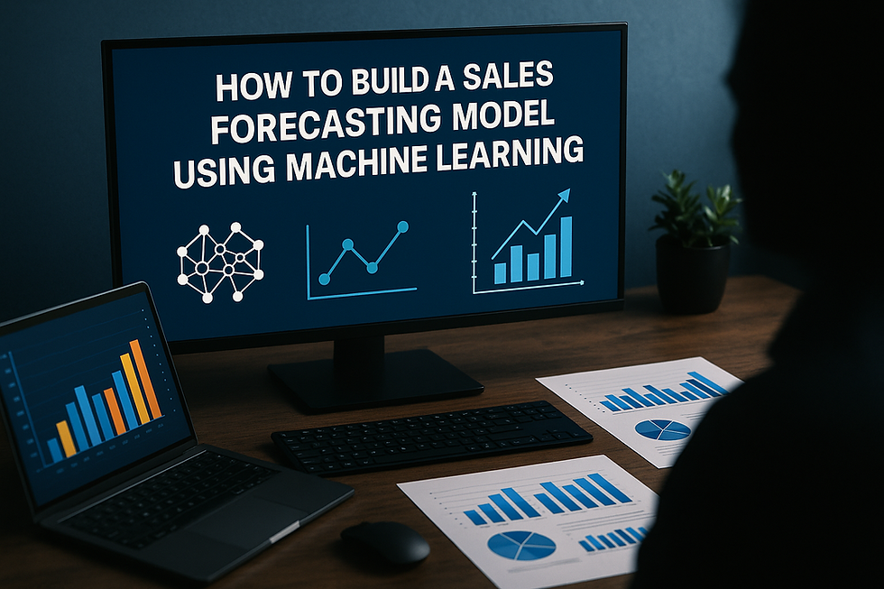 Ultra-realistic workspace setup with a computer screen displaying "How to Build a Sales Forecasting Model Using Machine Learning," surrounded by sales charts, a laptop with bar graphs, printed analytics, and a silhouetted figure, representing AI-driven sales forecasting tools in a business environment.