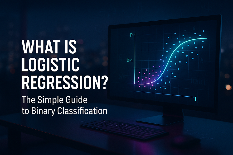 Monitor showing logistic regression sigmoid curve and data points — “What Is Logistic Regression? The Simple Guide to Binary Classification”.