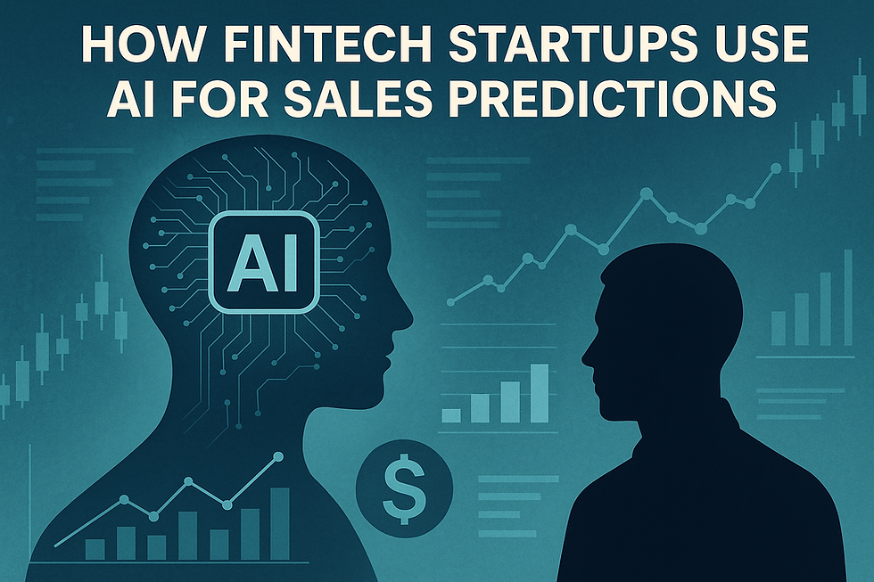 Ultra-realistic digital illustration showing how fintech startups use AI for sales predictions, featuring a silhouetted human facing an AI head filled with financial graphs, charts, and circuit patterns on a teal-blue background — symbolizes artificial intelligence driving predictive analytics in fintech sales forecasting.