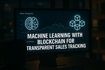 Ultra-realistic image showing a dark office setting with a glowing computer screen displaying the text “Machine Learning with Blockchain for Transparent Sales Tracking,” alongside neon-style icons of a brain (representing machine learning) and blockchain cubes, symbolizing the integration of AI and blockchain in sales analytics; a silhouetted figure is partially visible in the foreground.