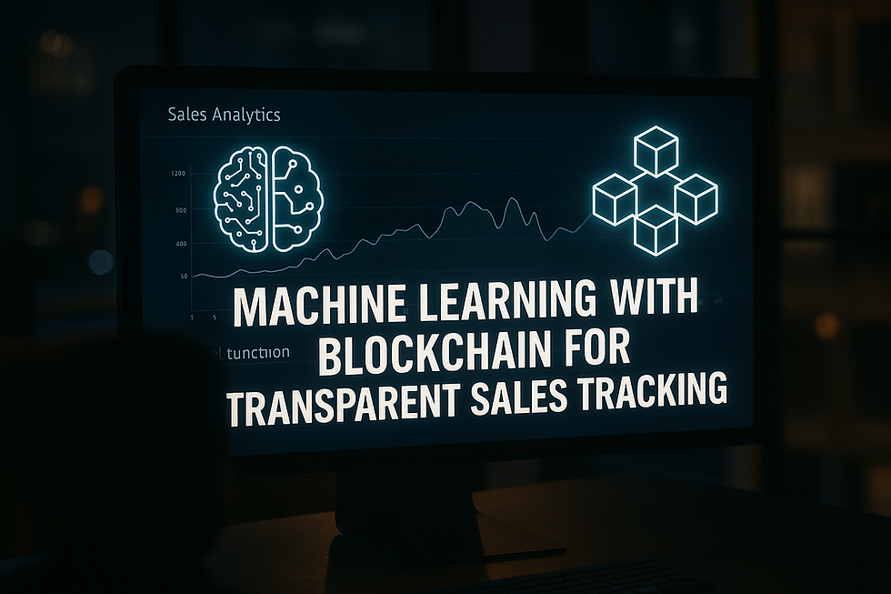 Ultra-realistic image showing a dark office setting with a glowing computer screen displaying the text “Machine Learning with Blockchain for Transparent Sales Tracking,” alongside neon-style icons of a brain (representing machine learning) and blockchain cubes, symbolizing the integration of AI and blockchain in sales analytics; a silhouetted figure is partially visible in the foreground.