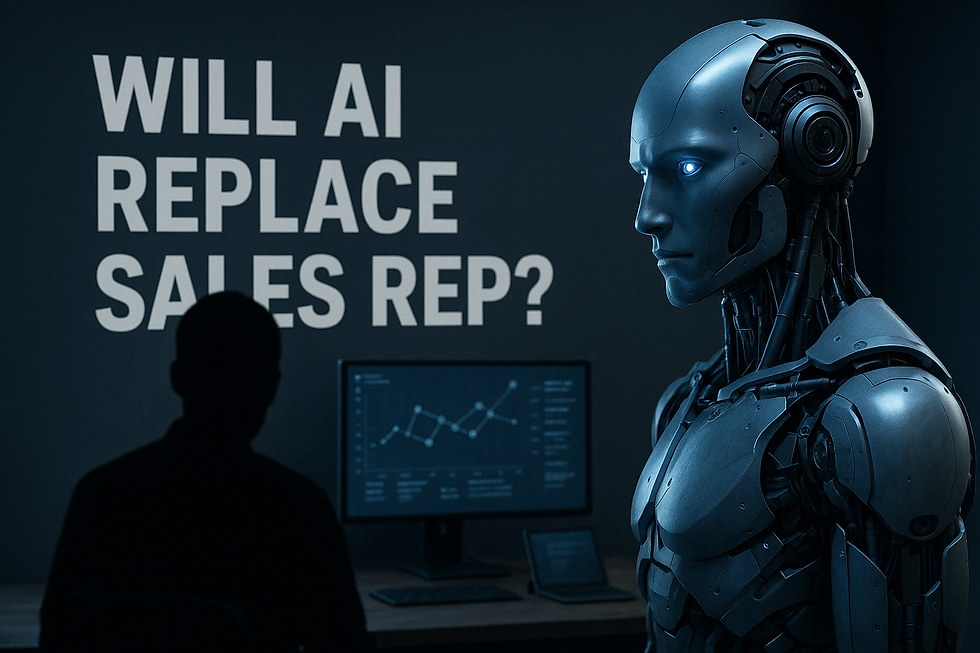 Ultra-realistic image showing a futuristic humanoid AI robot facing a silhouetted human sales rep in a dark modern office, with a glowing monitor and bold text "Will AI Replace Sales Rep?" in the background, symbolizing the debate on AI replacing sales reps.