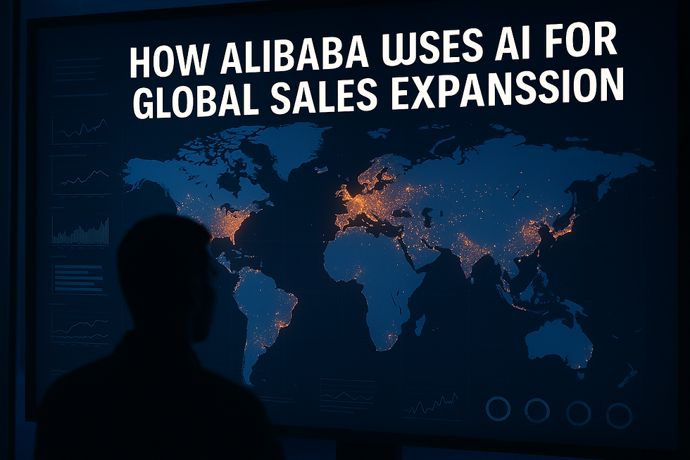 Ultra-realistic image showing a silhouetted figure analyzing a digital world map displaying Alibaba’s AI-driven global sales expansion data, with glowing sales hotspots and analytical charts in the background.
