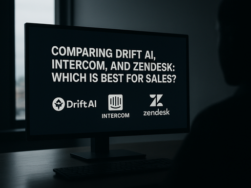 Ultra-realistic photo showing a computer monitor displaying the text 'Comparing Drift AI, Intercom, and Zendesk: Which Is Best for Sales?' with logos of Drift AI, Intercom, and Zendesk, viewed by a silhouetted person in a dark modern office environment — ideal visual for machine learning in sales platform comparison blog.