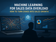 Silhouetted person analyzing chaotic sales data visualizations on a laptop and organized charts on a monitor, symbolizing machine learning transforming data overload into sales growth.