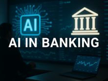 AI in banking theme—silhouetted analyst facing blue dashboards with AI chip icon, bank pillar symbol, and live trading charts, illustrating finance + AI.