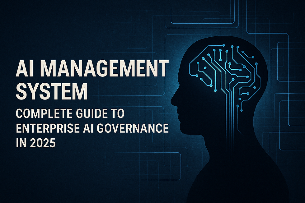 AI Management System book cover showing a faceless human silhouette with a glowing blue circuit board brain on a dark blue background, symbolizing enterprise AI governance and digital transformation in 2025.