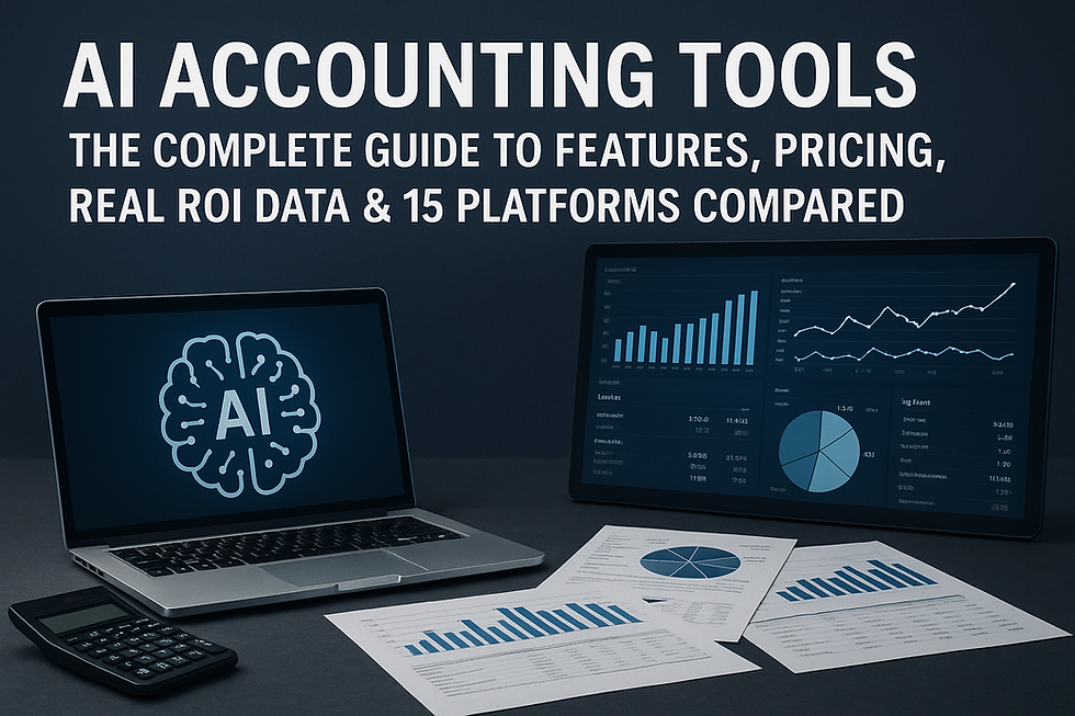 AI accounting tools guide cover with ROI charts, pricing, and 15 platforms compared.