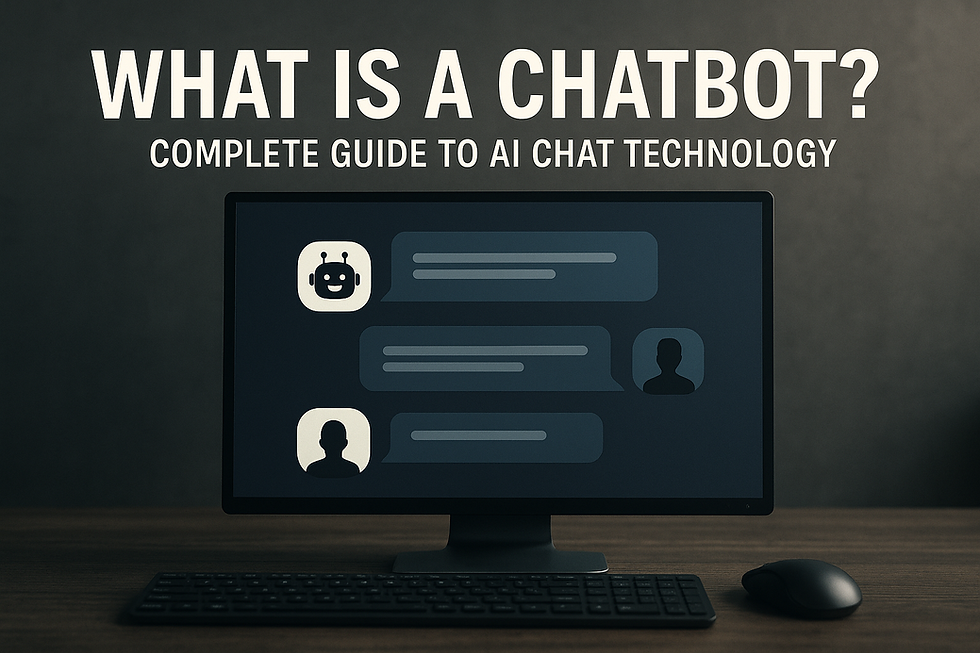 Ultra-realistic image showing a modern desktop computer displaying a chatbot conversation interface, with the bold headline “What is a Chatbot? Complete Guide to AI Chat Technology” above the screen. The chatbot UI features icons of a robot and faceless human avatars exchanging messages, symbolizing AI-driven text communication. The setup rests on a dark wooden desk with a black keyboard and mouse, against a softly lit background—ideal visual for blog or article about chatbot technology, conversational AI, or customer service automation.