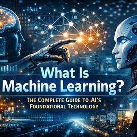 Machine learning concept with AI robot, neural network, and data visuals, titled 'What Is Machine Learning?'