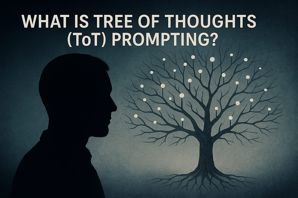 Tree of Thoughts (ToT) prompting: silhouetted head beside a branching neural tree with glowing nodes, symbolizing AI exploring multiple reasoning paths.