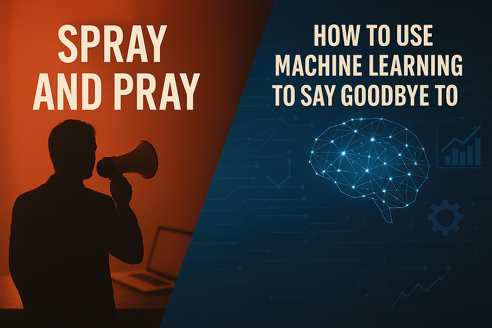 Ultra-realistic split-screen image showing the contrast between outdated spray and pray sales tactics and modern machine learning-powered sales strategies. Left side features a silhouetted salesperson using a megaphone in a red-toned office, symbolizing untargeted outreach. Right side displays a glowing digital brain with data graphs on a blue tech background, representing AI-driven precision in sales targeting.