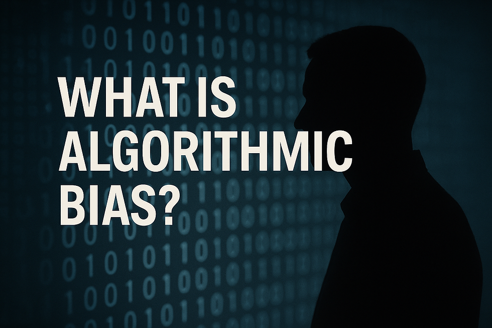Silhouette of a man next to bold text 'What is Algorithmic Bias?' over a dark blue background with binary code, symbolizing AI discrimination and bias in machine learning systems.
