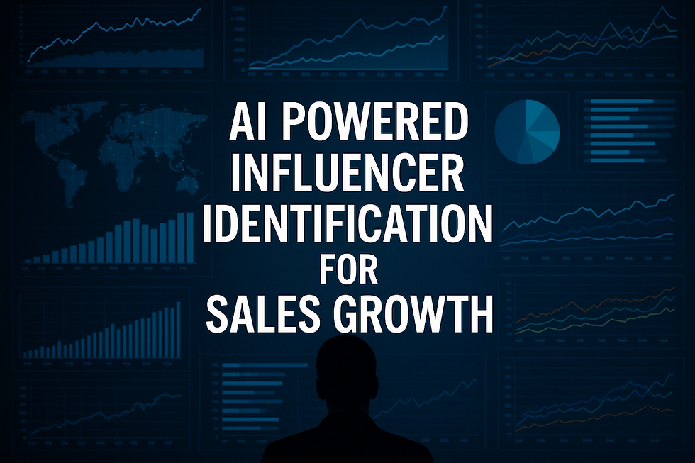 AI powered influencer identification for sales growth with faceless silhouette in front of digital dashboard showing graphs, charts, and data analytics visuals representing machine learning in sales."
