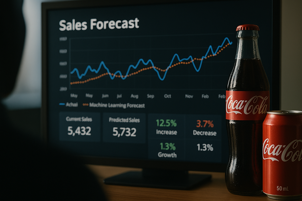 Ultra-realistic photo of Coca-Cola bottle and can placed beside a digital sales forecasting dashboard showing machine learning predictions, current sales, and growth metrics. Ideal visual for blog on Coca-Cola's AI-driven sales forecasting strategy.