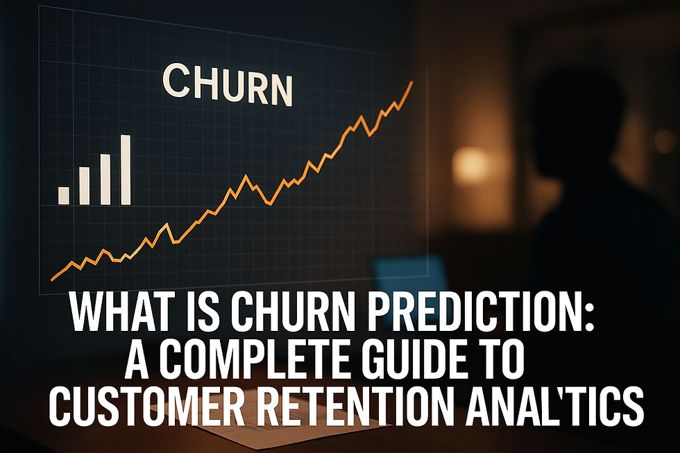 Churn prediction graph showing rising customer retention trends with silhouette of analyst in background, visualizing machine learning in customer retention analytics.