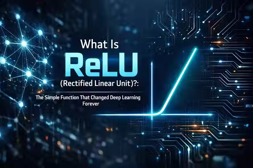 ReLU activation curve on a dark AI neural network tech background.