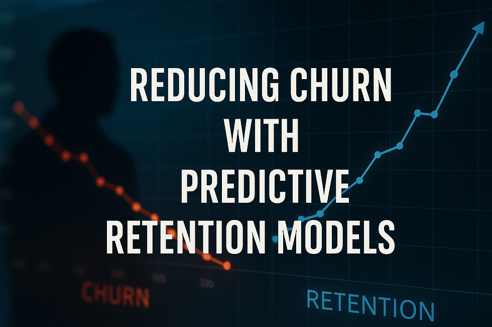Ultra-realistic data visualization showing a downward red churn graph and upward blue retention graph with the text “Reducing Churn with Predictive Retention Models” and a silhouetted figure analyzing trends.