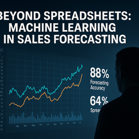 Silhouetted man analyzing advanced sales forecasting dashboard comparing machine learning vs spreadsheet accuracy, with data charts showing 88% ML accuracy and 64% spreadsheet accuracy; concept of AI-powered predictive analytics in modern sales forecasting.