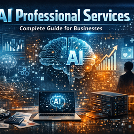 AI professional services guide banner with AI brain and business analytics.