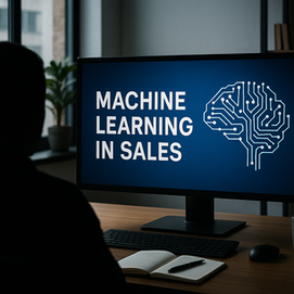 Silhouetted sales professional analyzing 'Machine Learning in Sales' on a computer screen in a modern office setup with a brain circuit graphic, showcasing AI-powered tools for sales reps, prospecting, and automation