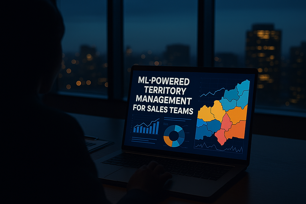 Silhouetted person analyzing ML-powered sales territory management dashboard on laptop with graphs and colored region maps, in modern office at dusk.