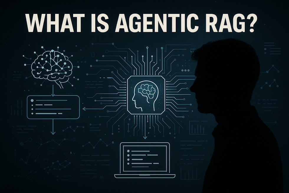 What Is Agentic RAG? Silhouetted analyst viewing AI dashboard with neural-network circuits and retrieval-augmented generation diagrams on a dark tech background.