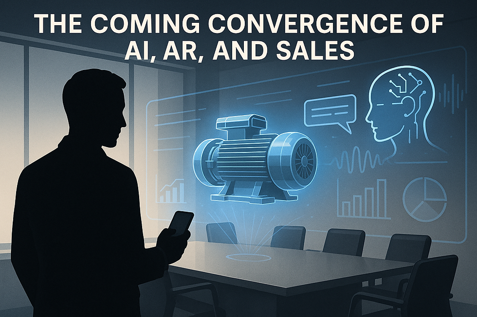 Silhouetted sales professional holding a smartphone in a modern conference room, viewing a holographic 3D model of industrial equipment projected in augmented reality. Background shows AI-generated data visualizations, charts, and a digital human brain interface—representing the convergence of artificial intelligence (AI), augmented reality (AR), and sales technology in 2025.