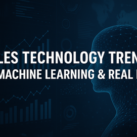 Sales technology trends visual featuring a digital faceless AI wireframe head, data charts with bar and line graphs, and global analytics interface, highlighting AI, machine learning, and ROI advancements in modern B2B sales systems.