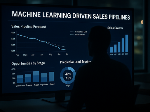 Silhouetted data analyst reviewing machine learning driven sales pipeline dashboard with charts on sales forecasting, predictive lead scoring, and opportunity stages in a dark office environment.