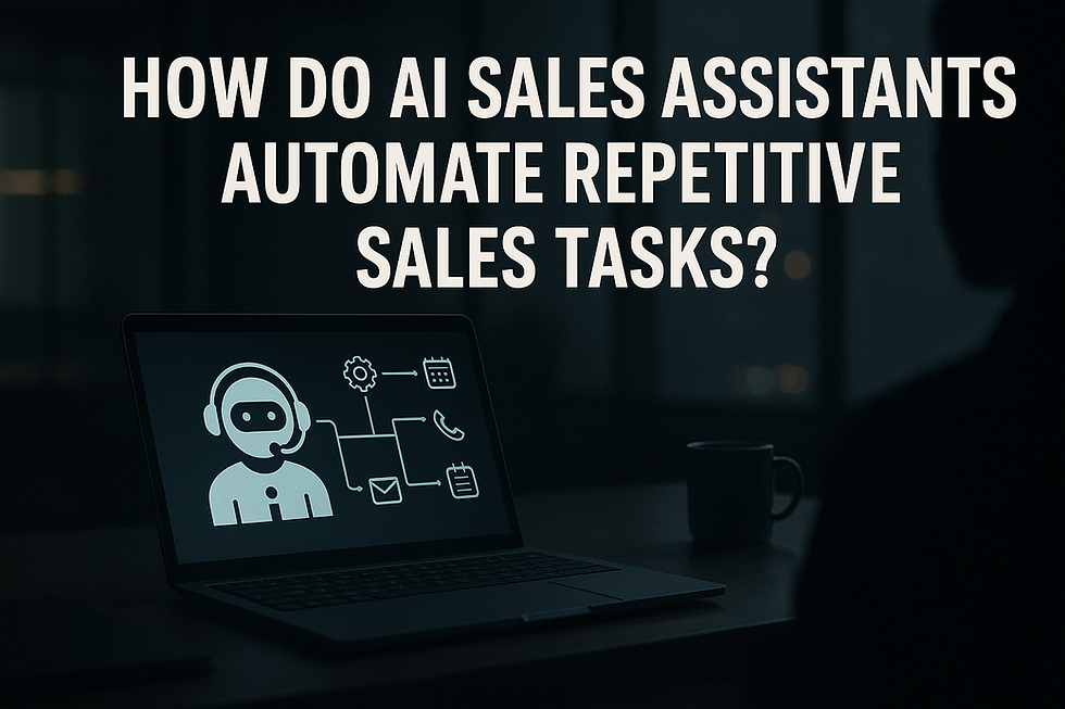 Ultra-realistic image showing a laptop screen with an AI sales assistant icon automating tasks like email, calendar, and calls, placed on a modern office desk with a faceless silhouette in the background and the headline text 'How Do AI Sales Assistants Automate Repetitive Sales Tasks?'