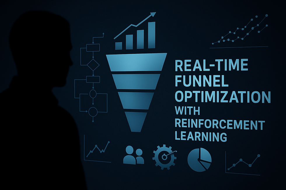 Silhouetted figure analyzing a digital sales funnel with graphs and real-time data charts, illustrating real-time funnel optimization with reinforcement learning for modern sales strategies, AI-driven decision making, and machine learning in sales technology.