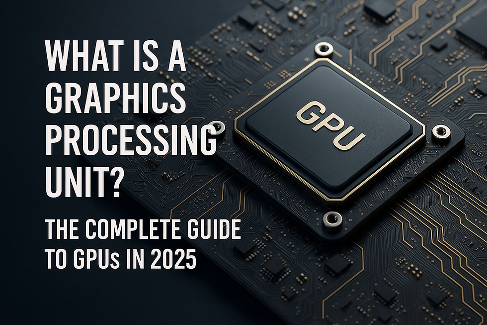 Ultra-realistic close-up of a modern GPU chip mounted on a motherboard, with gold circuitry and black components, accompanied by bold white text reading 'What is a Graphics Processing Unit? The Complete Guide to GPUs in 2025' – representing advanced parallel processing technology used in gaming, AI, and data centers.