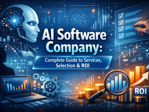 AI software guide with robot, data visuals, and ROI graphics