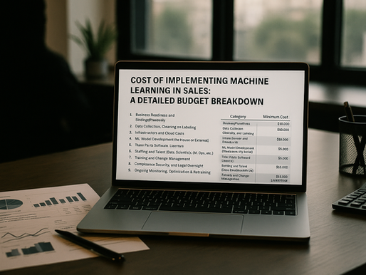 Ultra realistic office workspace showing a laptop screen displaying a document titled “Cost of Implementing Machine Learning in Sales: A Detailed Budget Breakdown” with a detailed table of cost categories and minimum costs, surrounded by printed charts, a calculator, and a pen, with natural daylight and a city view in the background.