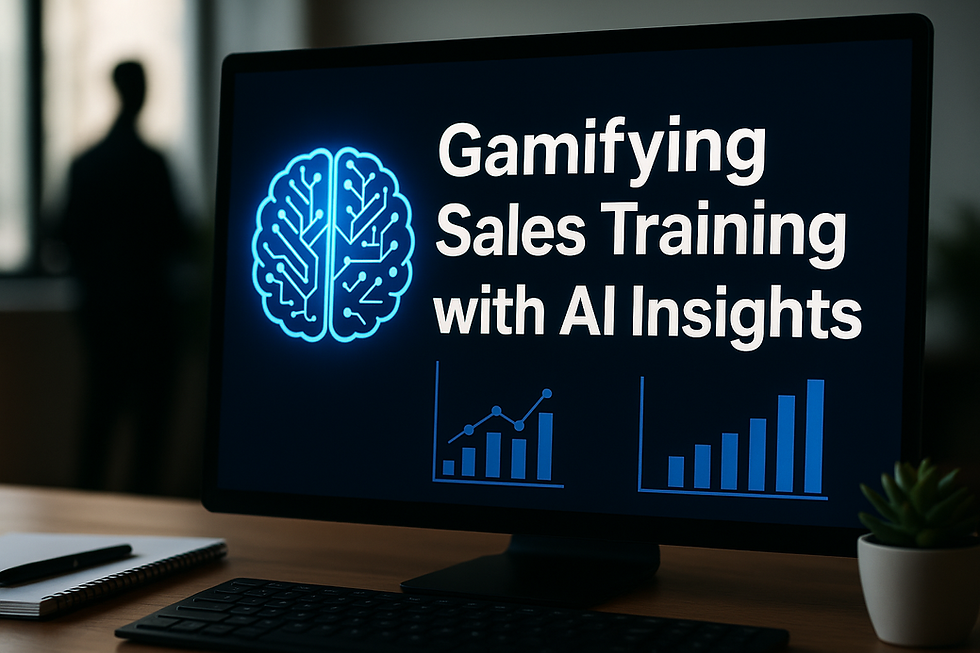Ultra-realistic computer screen displaying 'Gamifying Sales Training with AI Insights' alongside blue AI brain icon and performance graphs in a modern office setting with silhouetted figure in background
