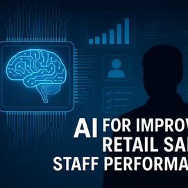 AI-enhanced retail staff performance visual with a glowing blue brain inside a microchip, faceless sales silhouette, and futuristic data charts, representing machine learning in retail sales optimization.