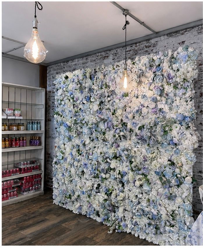 Skylar blue and white flower wall at a wedding at The Locals Chelsea