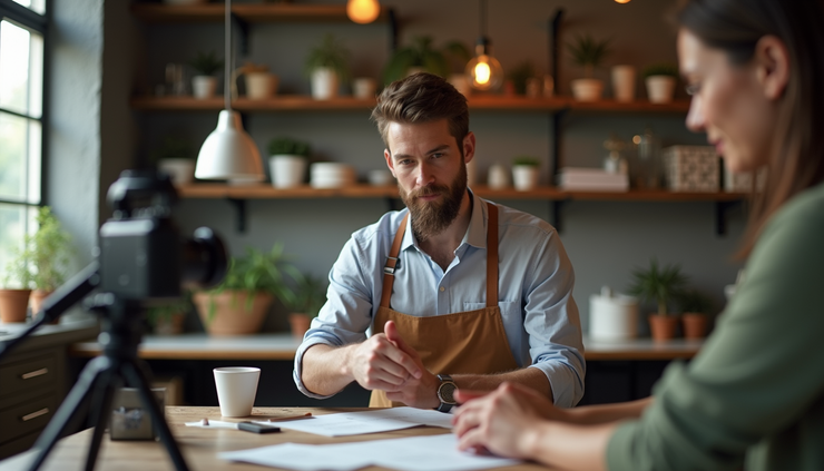 Eye-level view of a small business owner filming a product demonstration in a cozy workspace
