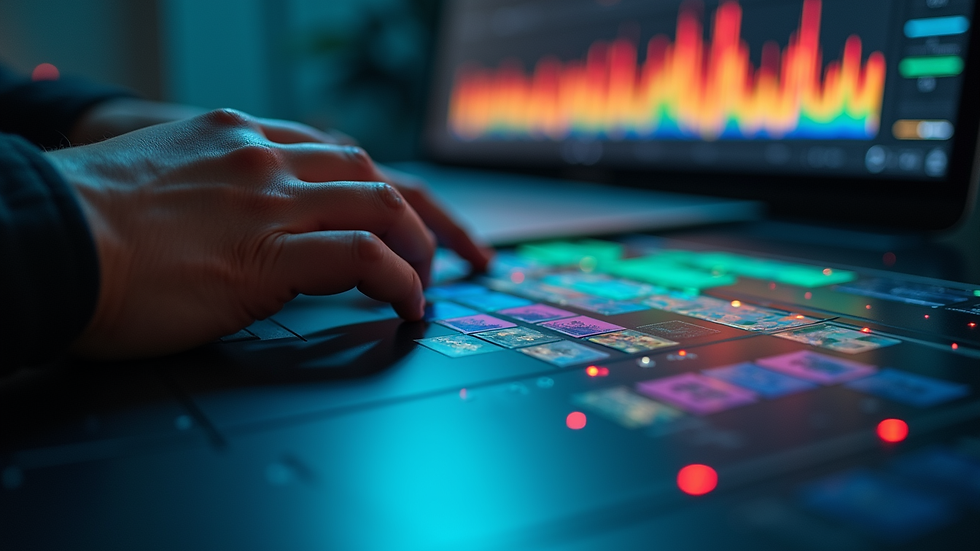 Close-up view of a video editor working on a timeline with colourful clips