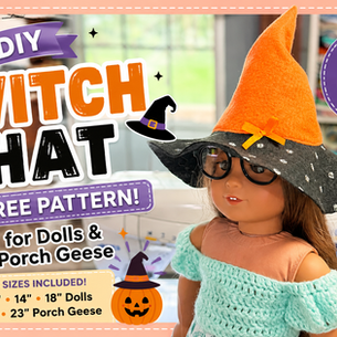Purple felt witch hats made with a free pattern for 18, 14, and 6 inch dolls