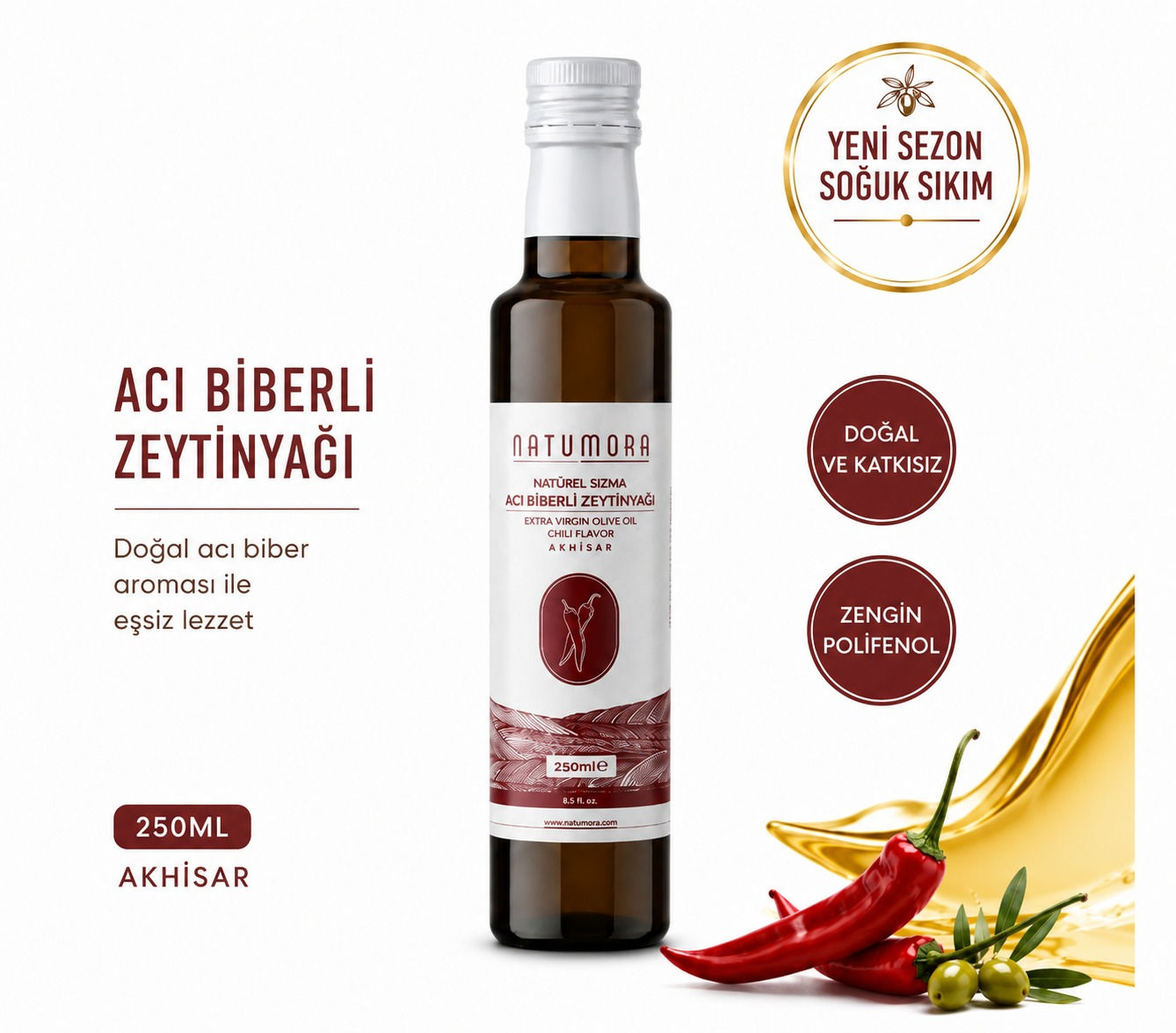 Natumora Natürel Acı Biberli Zeytinyağı - 250 ml