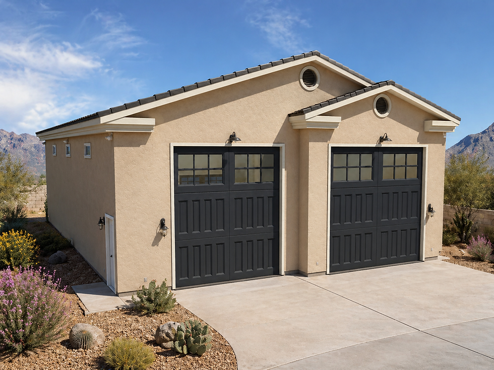 RV garage concept with tall doors and residential exterior design