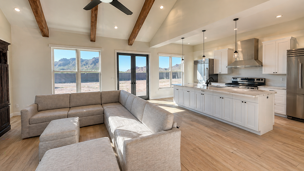 A 3D rendering of a home with actual drone photography of the lot that conveys the view out the back of the space.